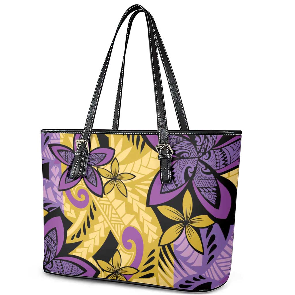 Plumeria Polynesian Pattern Leather Tote Bag Unique Fantasy Yellow Purple