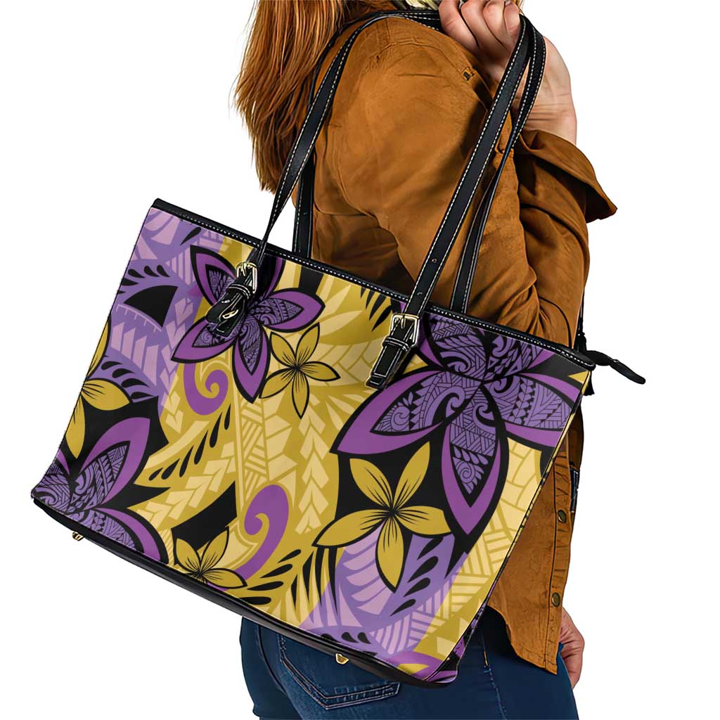 Plumeria Polynesian Pattern Leather Tote Bag Unique Fantasy Yellow Purple