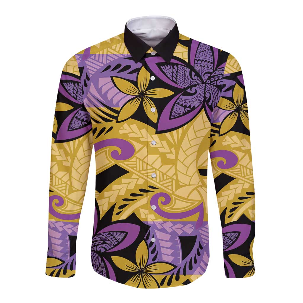 Plumeria Polynesian Pattern Long Sleeve Button Shirt Unique Fantasy Yellow Purple LT01 Unisex Yellow - Polynesian Pride
