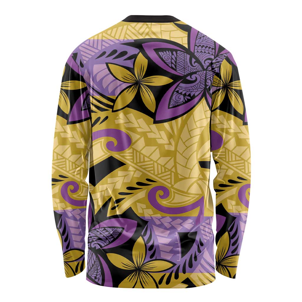 Plumeria Polynesian Pattern Long Sleeve Shirt Unique Fantasy Yellow Purple