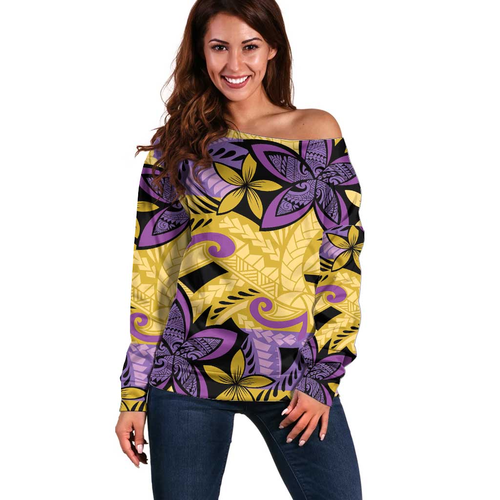 Plumeria Polynesian Pattern Off Shoulder Sweater Unique Fantasy Yellow Purple