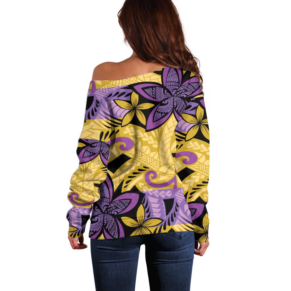 Plumeria Polynesian Pattern Off Shoulder Sweater Unique Fantasy Yellow Purple