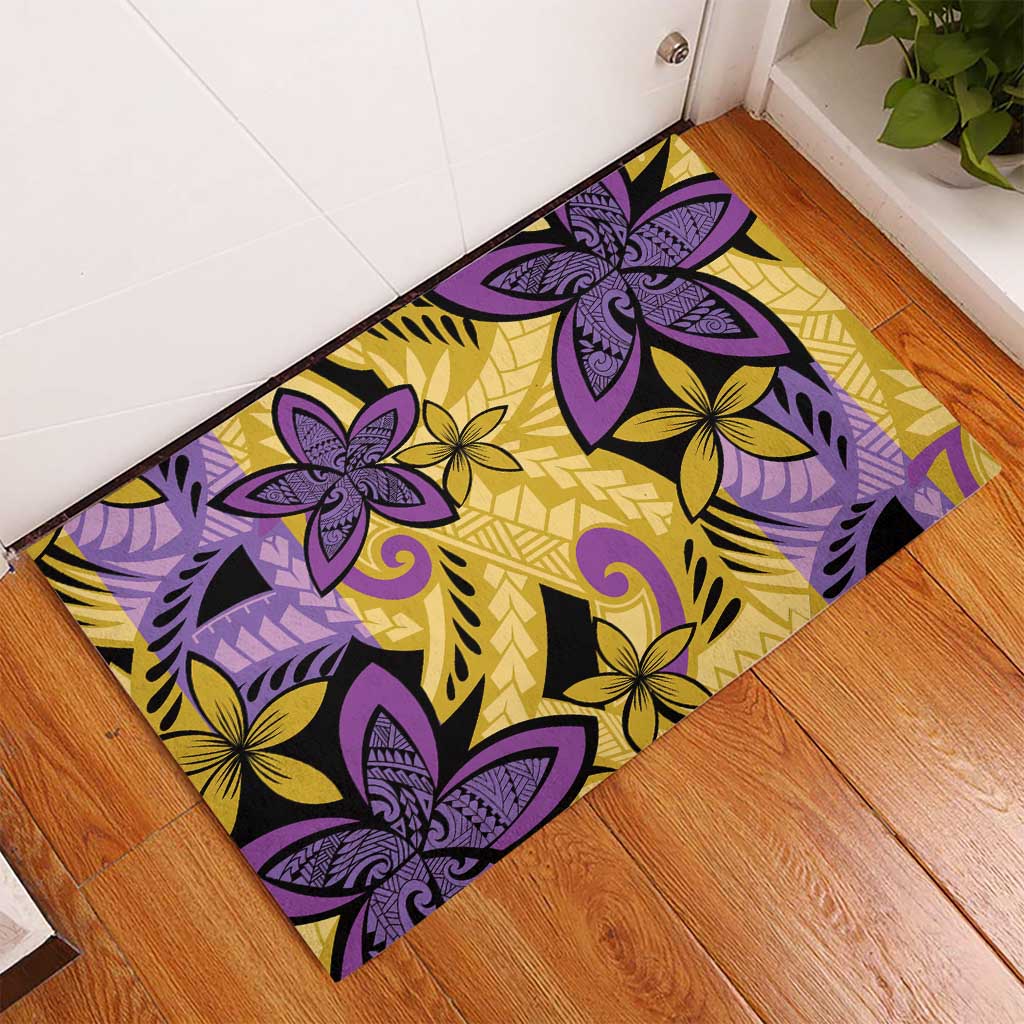 Plumeria Polynesian Pattern Rubber Doormat Unique Fantasy Yellow Purple