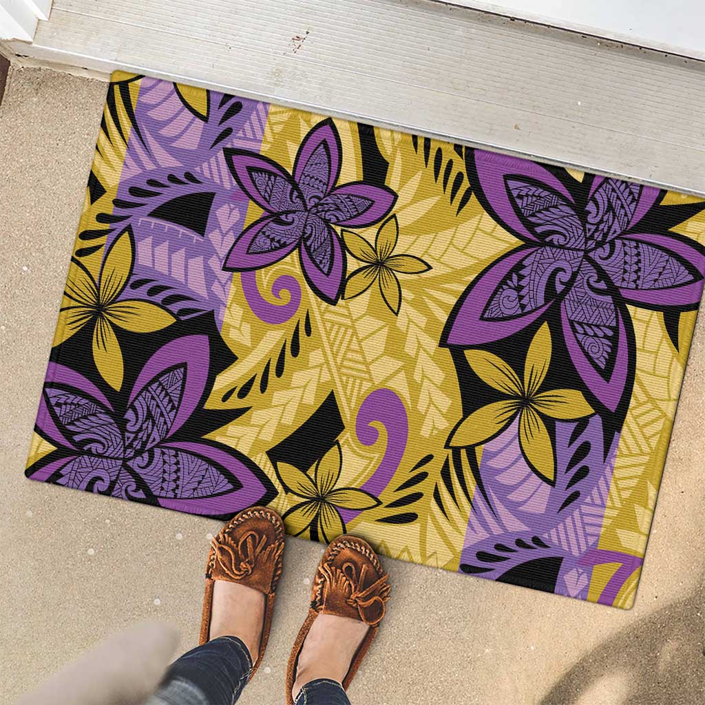 Plumeria Polynesian Pattern Rubber Doormat Unique Fantasy Yellow Purple