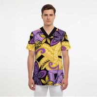 Plumeria Polynesian Pattern Scrub Top Unique Fantasy Yellow Purple - Polynesian Pride