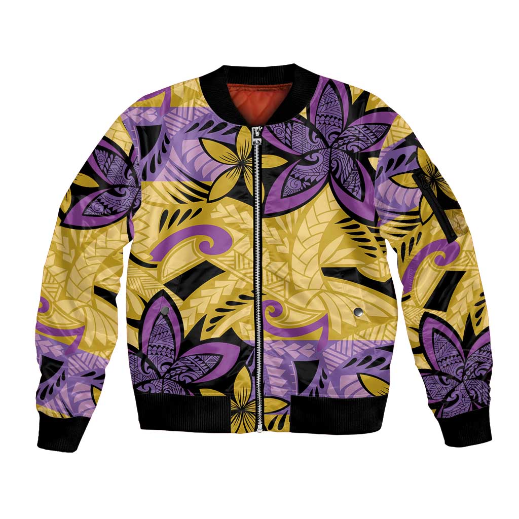 Plumeria Polynesian Pattern Sleeve Zip Bomber Jacket Unique Fantasy Yellow Purple