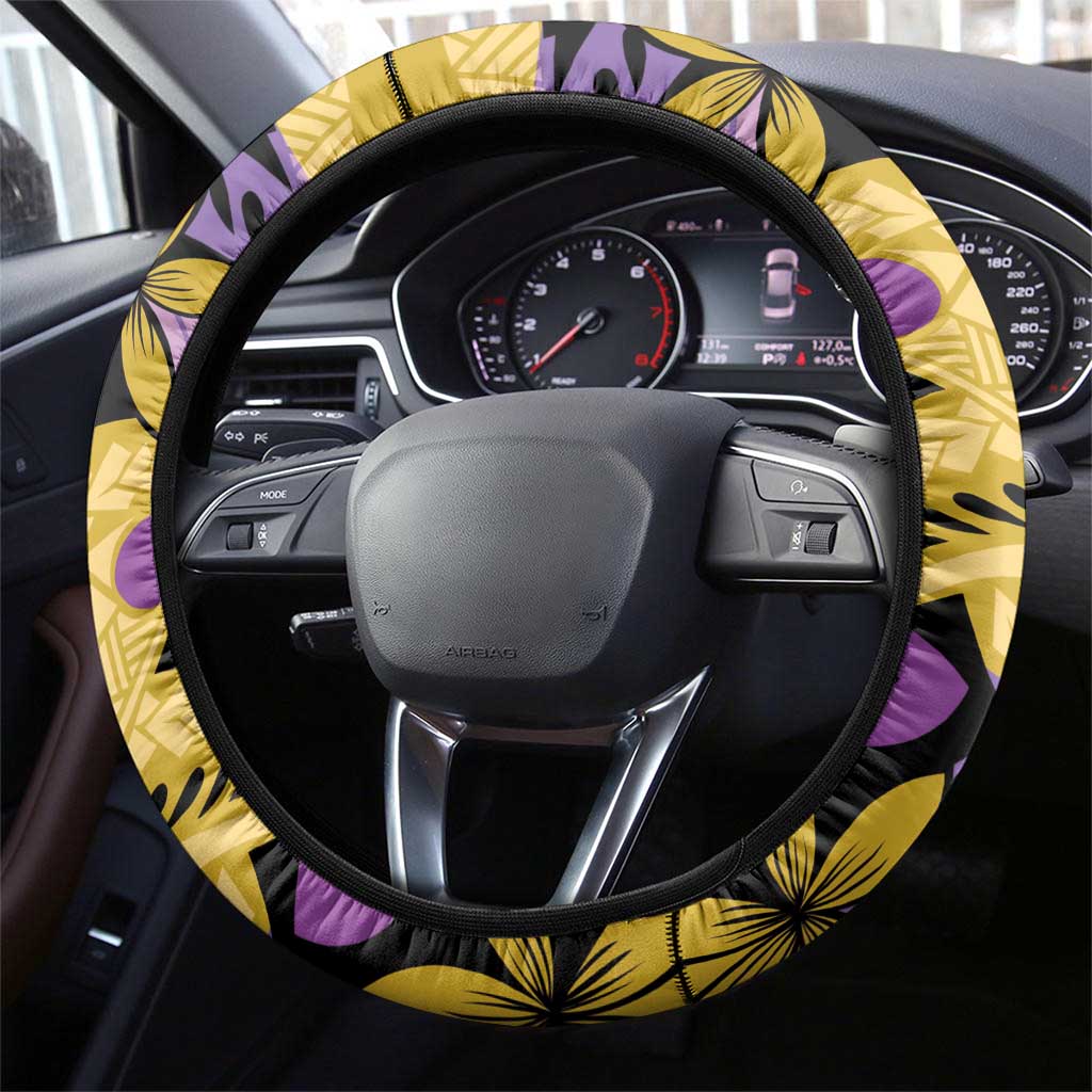 Plumeria Polynesian Pattern Steering Wheel Cover Unique Fantasy Yellow Purple