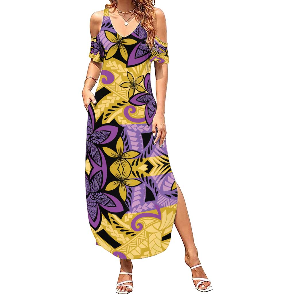 Plumeria Polynesian Pattern Summer Maxi Dress Unique Fantasy Yellow Purple