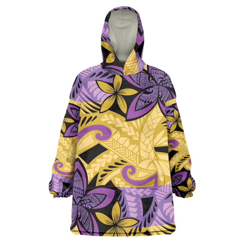 Plumeria Polynesian Pattern Wearable Blanket Hoodie Unique Fantasy Yellow Purple