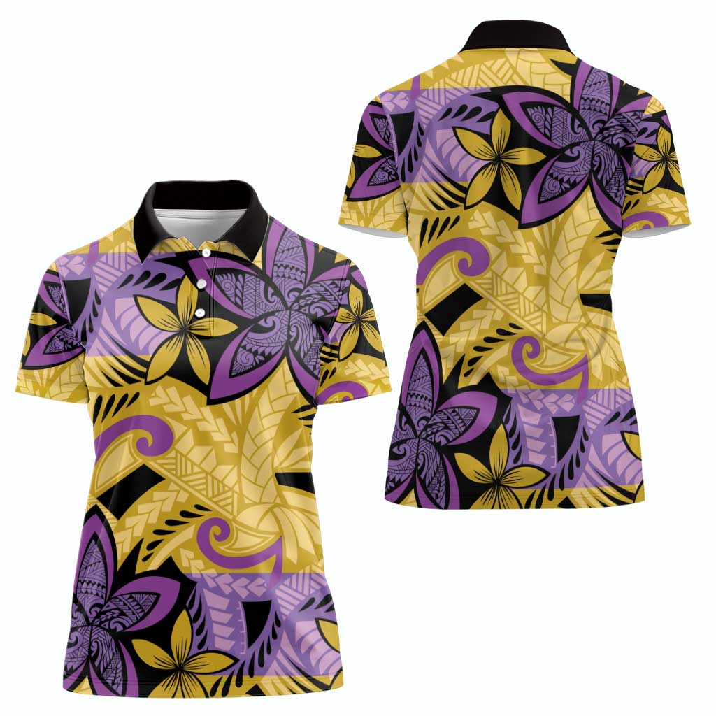 Plumeria Polynesian Pattern Women Polo Shirt Unique Fantasy Yellow Purple