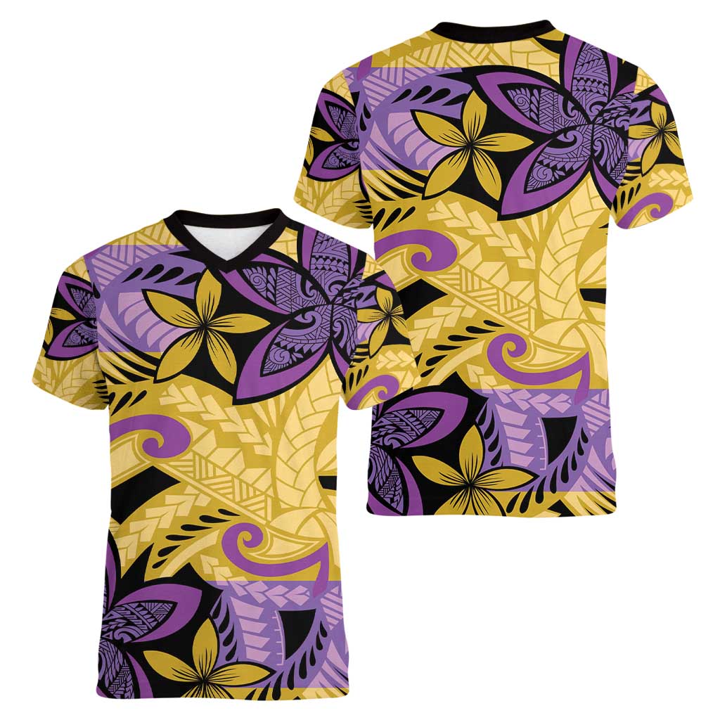 Plumeria Polynesian Pattern Women V-Neck T-Shirt Unique Fantasy Yellow Purple LT01 - Polynesian Pride