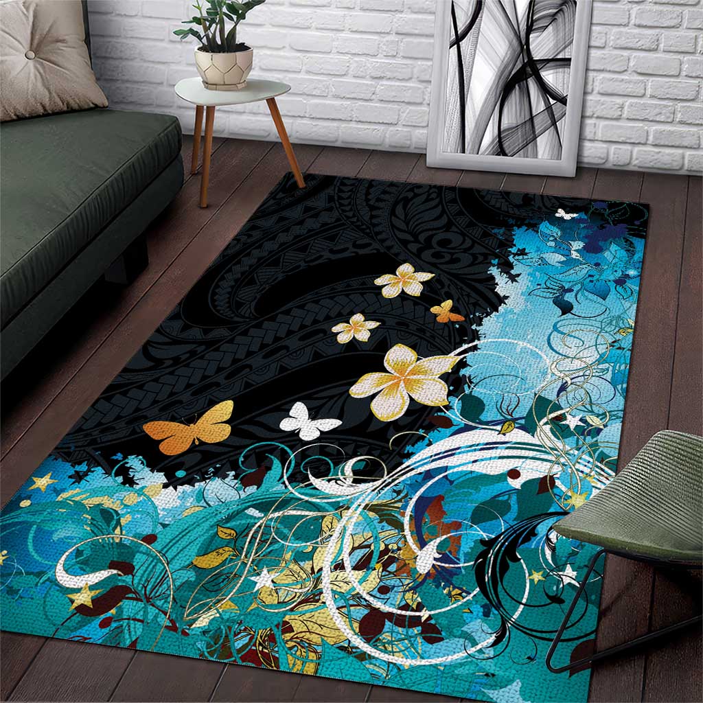 Blue Grunge Polynesian Pattern Area Rug Plumeria Floral