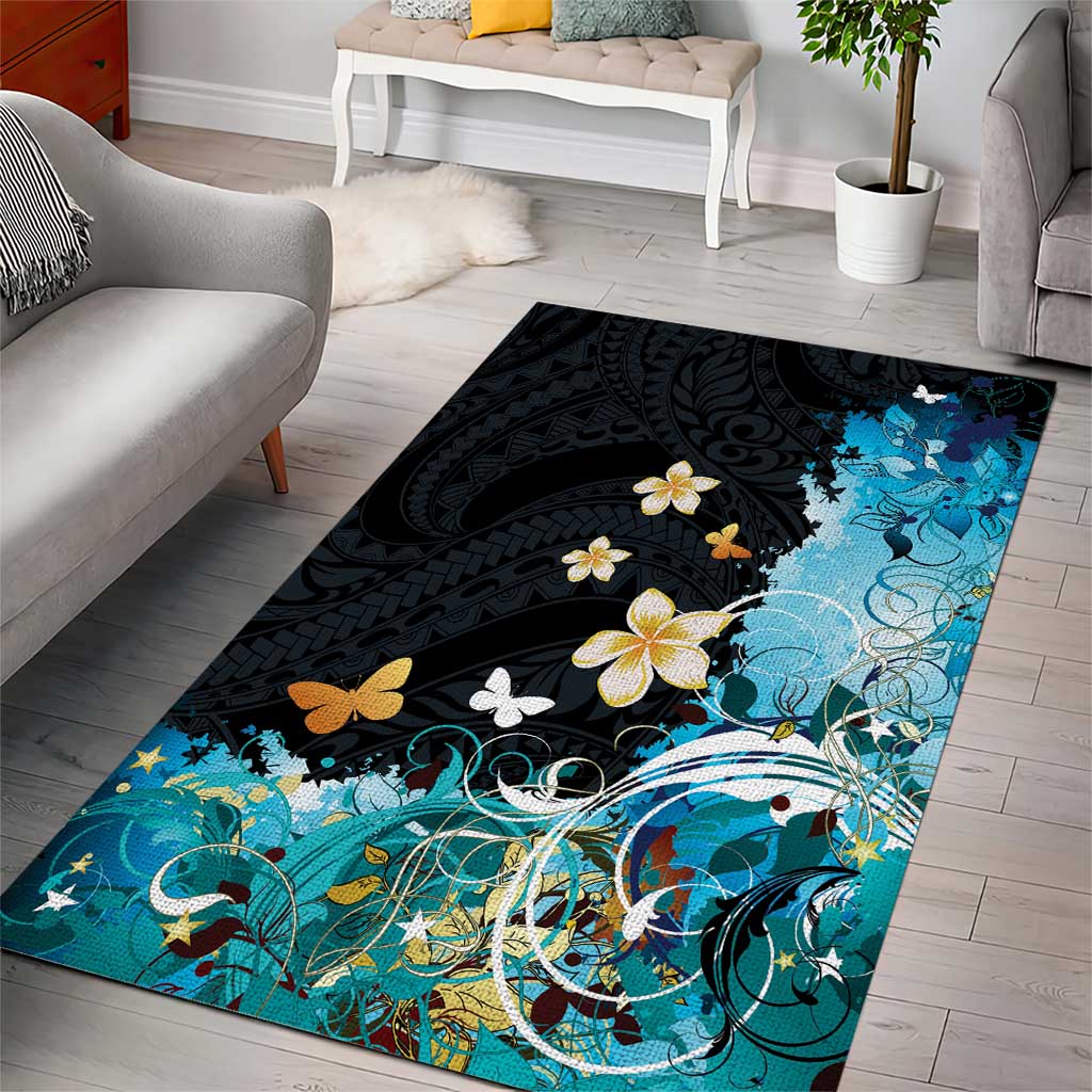Blue Grunge Polynesian Pattern Area Rug Plumeria Floral