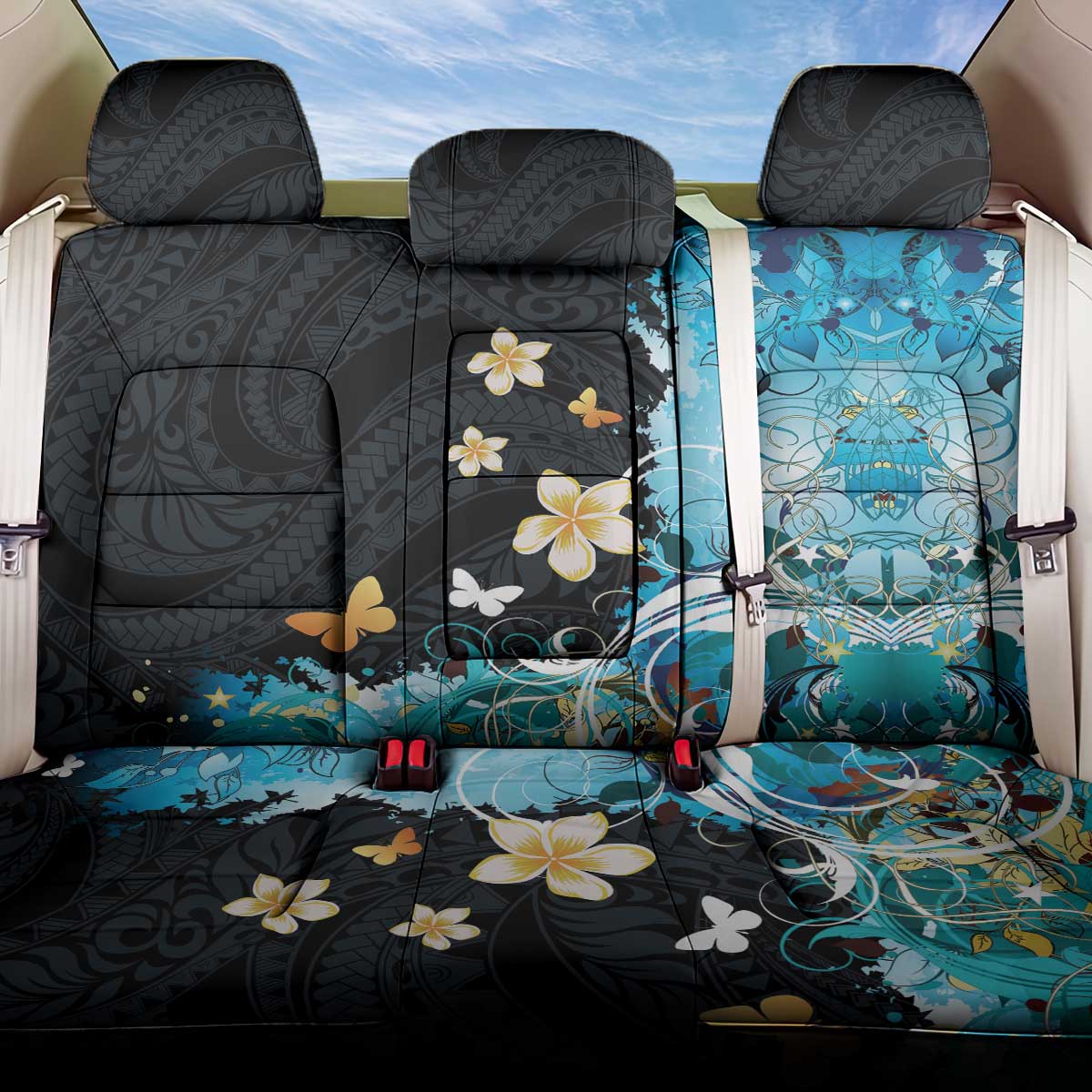 Blue Grunge Polynesian Pattern Back Car Seat Cover Plumeria Floral