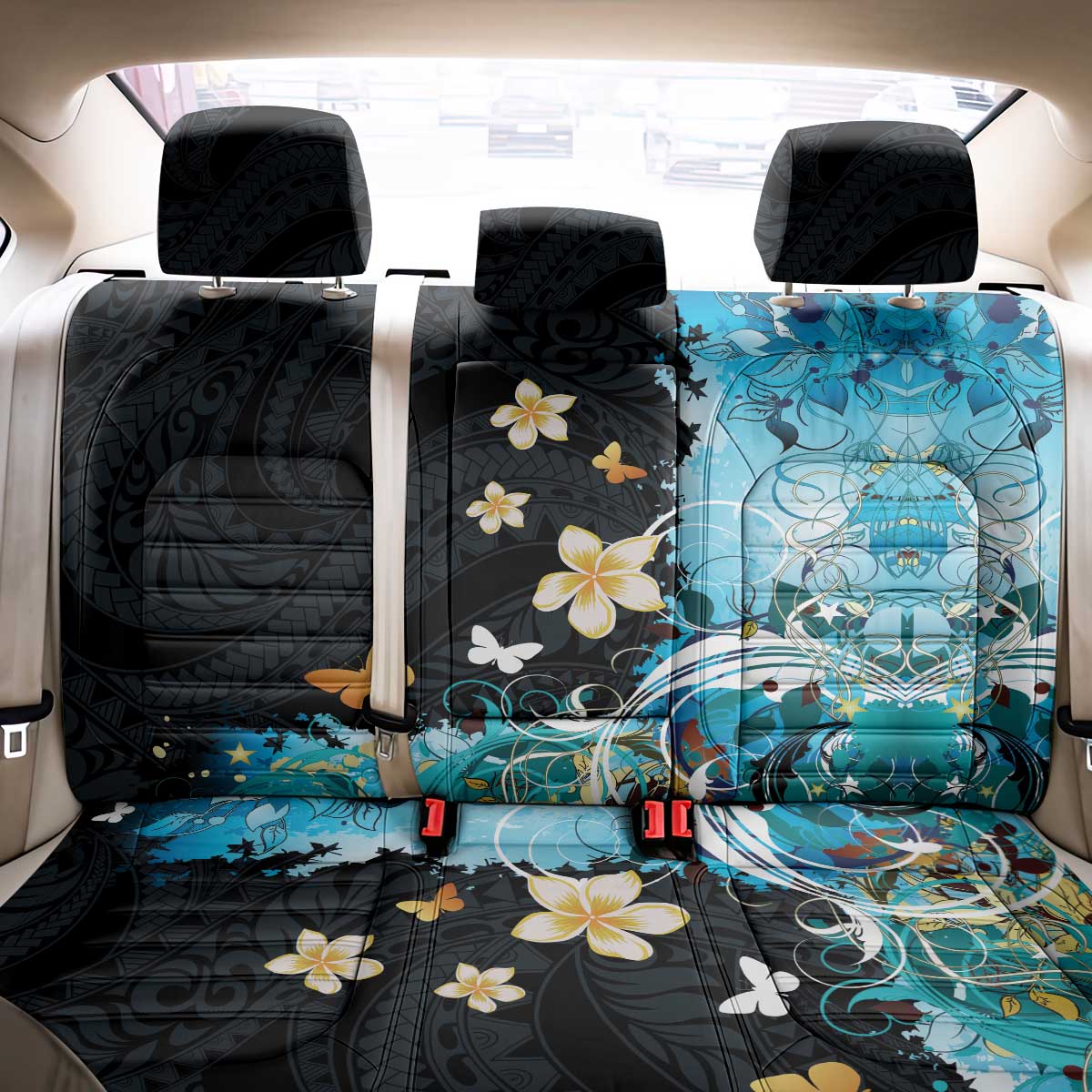 Blue Grunge Polynesian Pattern Back Car Seat Cover Plumeria Floral