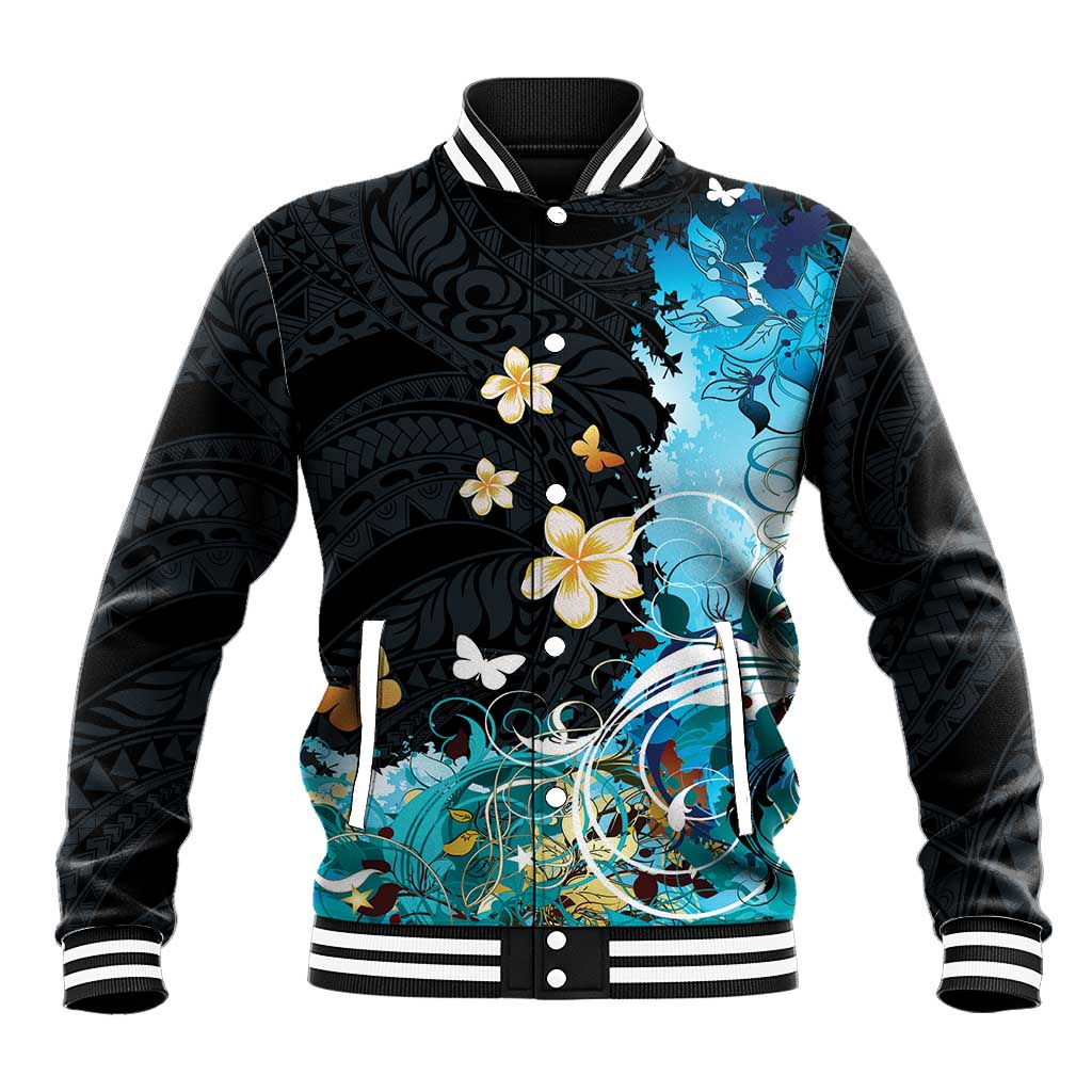 Blue Grunge Polynesian Pattern Baseball Jacket Plumeria Floral LT01 Unisex Blue - Polynesian Pride