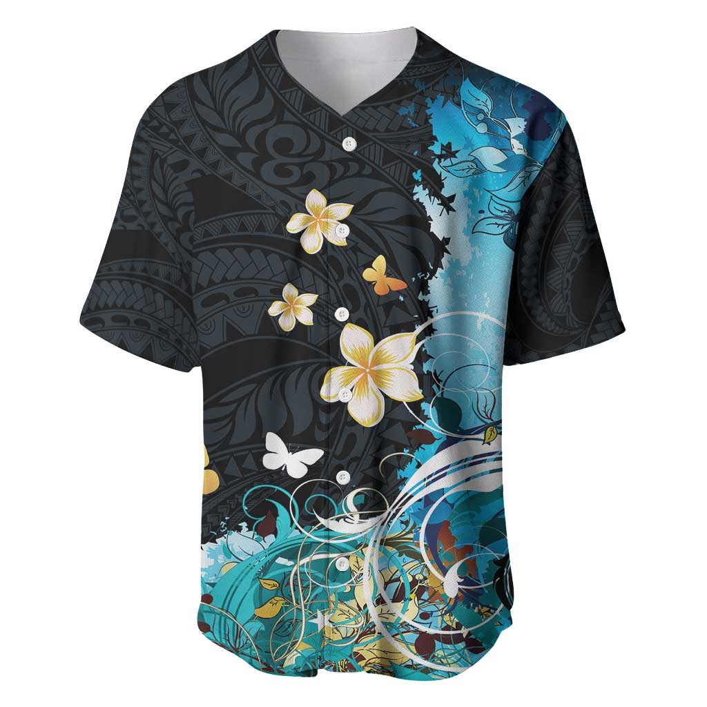 Blue Grunge Polynesian Pattern Baseball Jersey Plumeria Floral LT01 Blue - Polynesian Pride