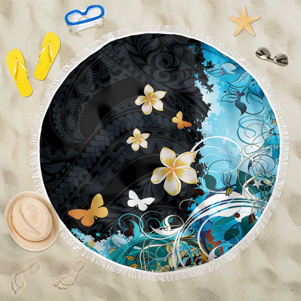 Blue Grunge Polynesian Pattern Beach Blanket Plumeria Floral