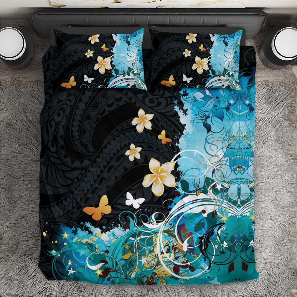 Blue Grunge Polynesian Pattern Bedding Set Plumeria Floral