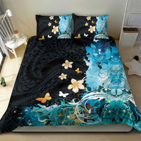 Blue Grunge Polynesian Pattern Bedding Set Plumeria Floral