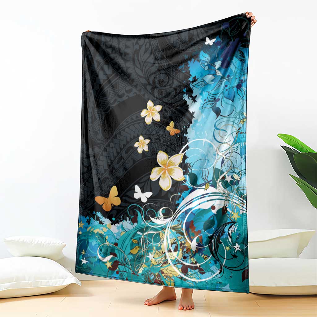 Blue Grunge Polynesian Pattern Blanket Plumeria Floral