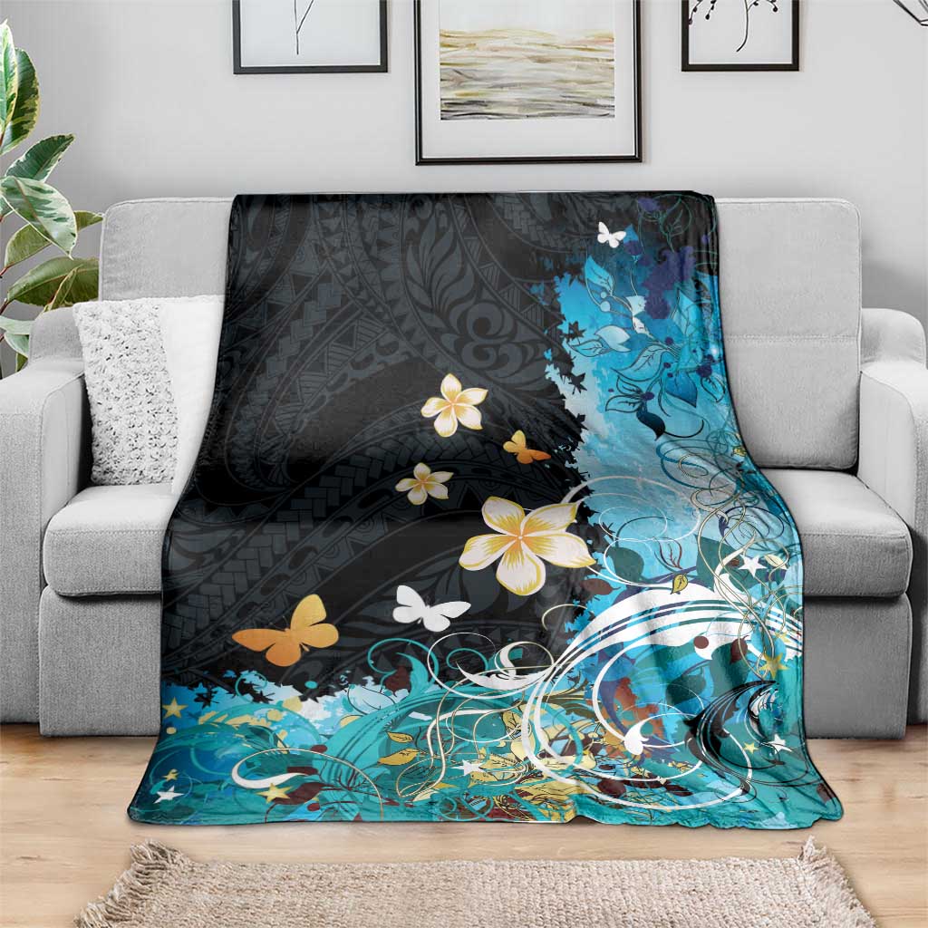 Blue Grunge Polynesian Pattern Blanket Plumeria Floral