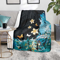Blue Grunge Polynesian Pattern Blanket Plumeria Floral