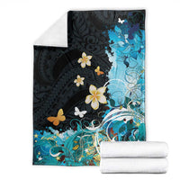 Blue Grunge Polynesian Pattern Blanket Plumeria Floral