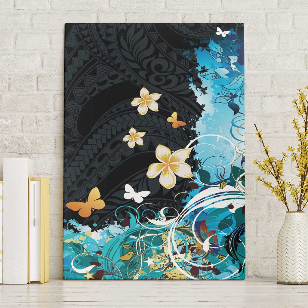Blue Grunge Polynesian Pattern Canvas Wall Art Plumeria Floral