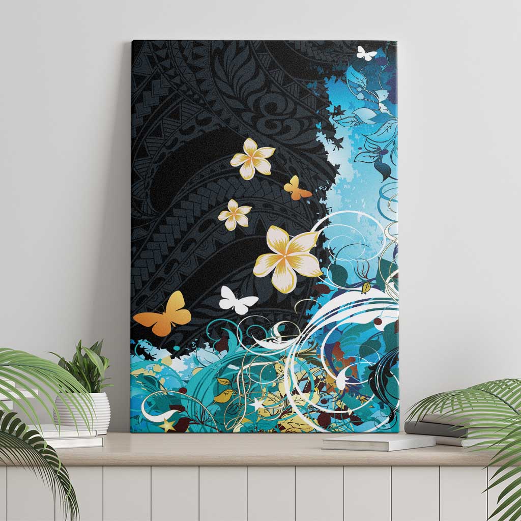 Blue Grunge Polynesian Pattern Canvas Wall Art Plumeria Floral