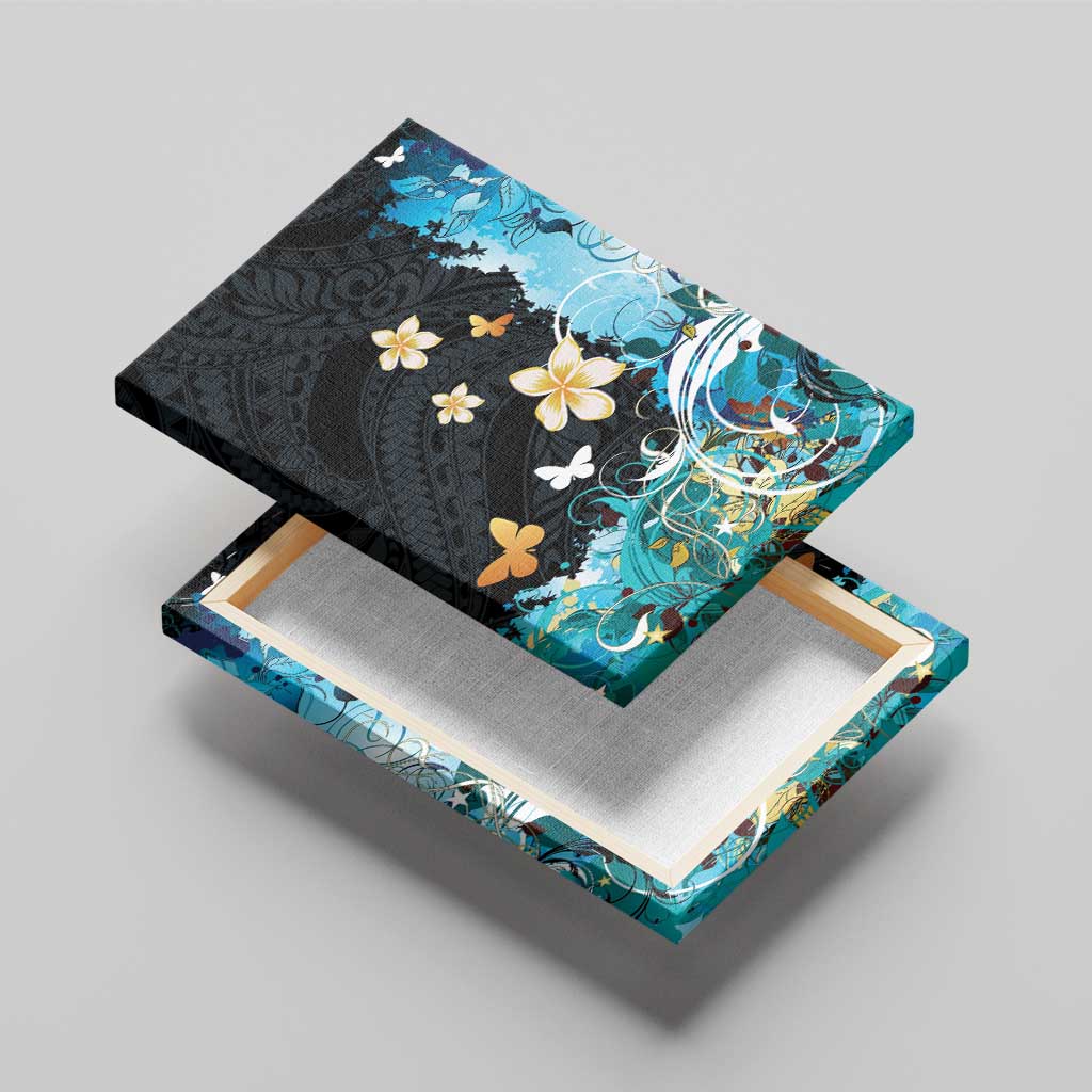 Blue Grunge Polynesian Pattern Canvas Wall Art Plumeria Floral