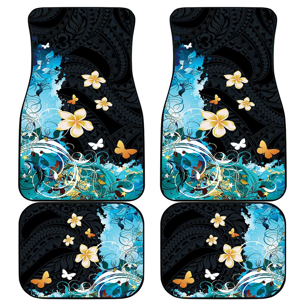 Blue Grunge Polynesian Pattern Car Mats Plumeria Floral
