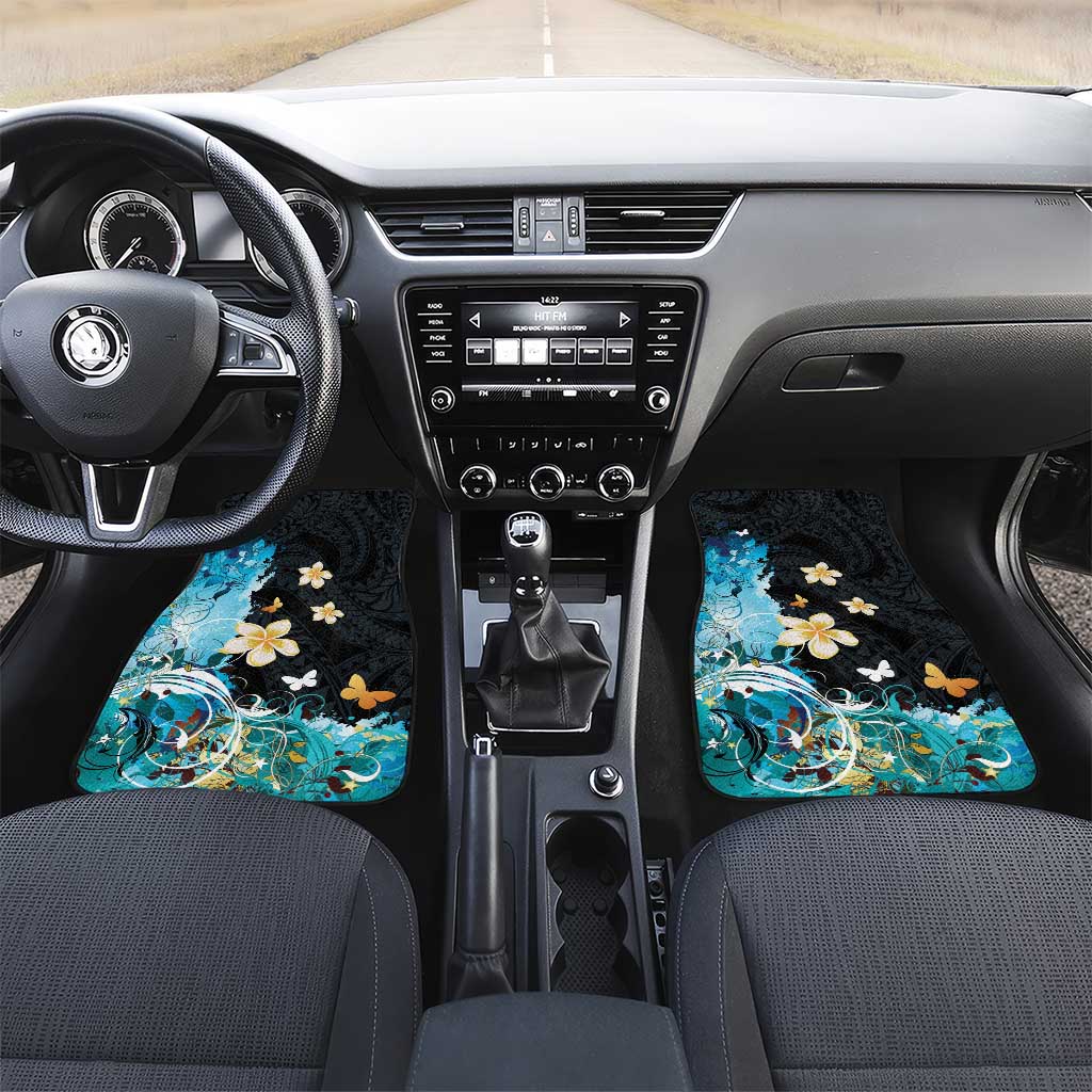 Blue Grunge Polynesian Pattern Car Mats Plumeria Floral