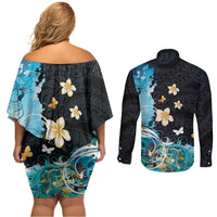 Blue Grunge Polynesian Pattern Couples Matching Off Shoulder Short Dress and Long Sleeve Button Shirt Plumeria Floral