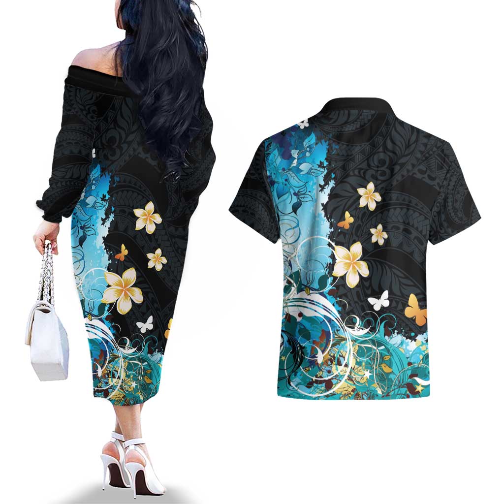 Blue Grunge Polynesian Pattern Couples Matching Off The Shoulder Long Sleeve Dress and Hawaiian Shirt Plumeria Floral