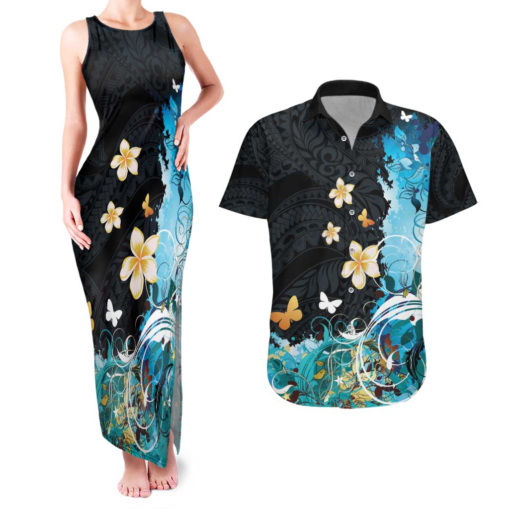 Blue Grunge Polynesian Pattern Couples Matching Tank Maxi Dress and Hawaiian Shirt Plumeria Floral LT01 Blue - Polynesian Pride