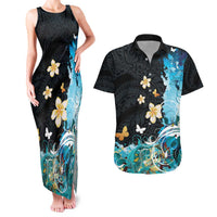 Blue Grunge Polynesian Pattern Couples Matching Tank Maxi Dress and Hawaiian Shirt Plumeria Floral LT01 Blue - Polynesian Pride