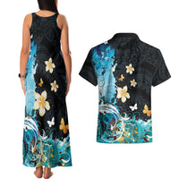 Blue Grunge Polynesian Pattern Couples Matching Tank Maxi Dress and Hawaiian Shirt Plumeria Floral LT01 - Polynesian Pride