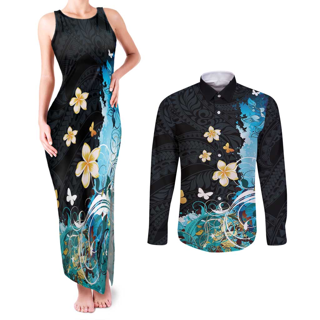 Blue Grunge Polynesian Pattern Couples Matching Tank Maxi Dress and Long Sleeve Button Shirt Plumeria Floral LT01 Blue - Polynesian Pride