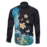 Blue Grunge Polynesian Pattern Family Matching Long Sleeve Bodycon Dress and Hawaiian Shirt Plumeria Floral