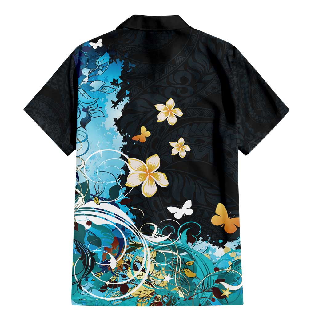 Blue Grunge Polynesian Pattern Family Matching Mermaid Dress and Hawaiian Shirt Plumeria Floral