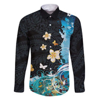 Blue Grunge Polynesian Pattern Family Matching Mermaid Dress and Hawaiian Shirt Plumeria Floral