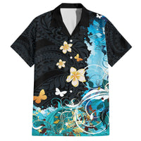 Blue Grunge Polynesian Pattern Family Matching Off The Shoulder Long Sleeve Dress and Hawaiian Shirt Plumeria Floral