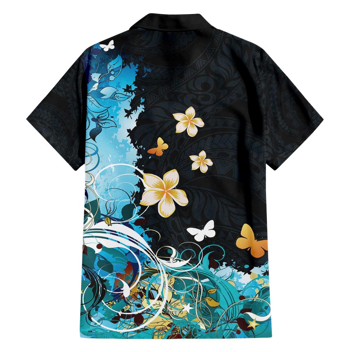 Blue Grunge Polynesian Pattern Family Matching Off The Shoulder Long Sleeve Dress and Hawaiian Shirt Plumeria Floral