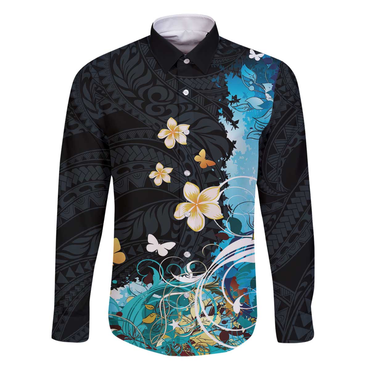 Blue Grunge Polynesian Pattern Family Matching Off The Shoulder Long Sleeve Dress and Hawaiian Shirt Plumeria Floral