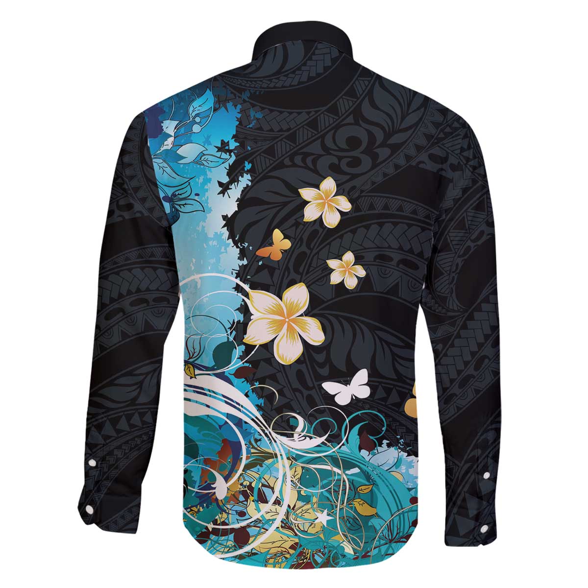 Blue Grunge Polynesian Pattern Family Matching Off The Shoulder Long Sleeve Dress and Hawaiian Shirt Plumeria Floral