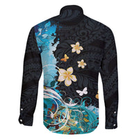 Blue Grunge Polynesian Pattern Family Matching Off The Shoulder Long Sleeve Dress and Hawaiian Shirt Plumeria Floral