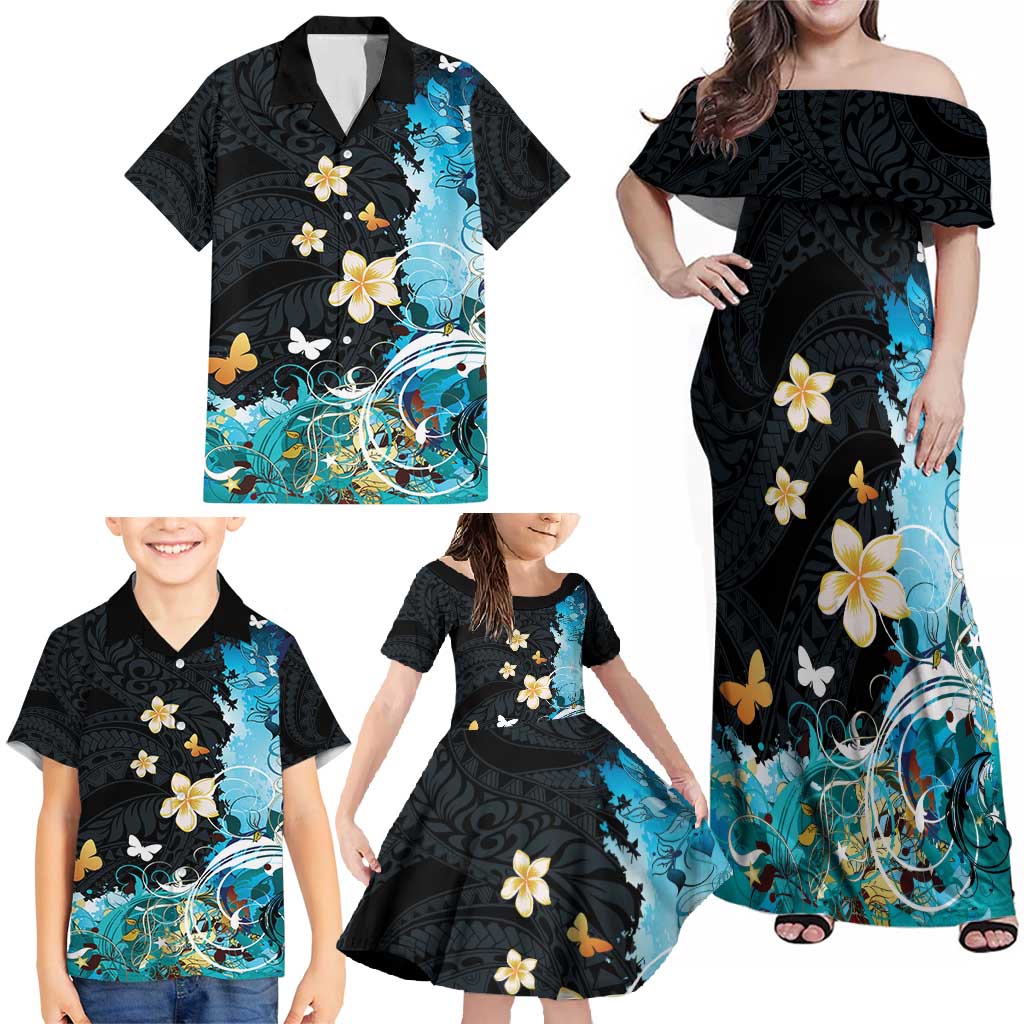 Blue Grunge Polynesian Pattern Family Matching Off Shoulder Maxi Dress and Hawaiian Shirt Plumeria Floral