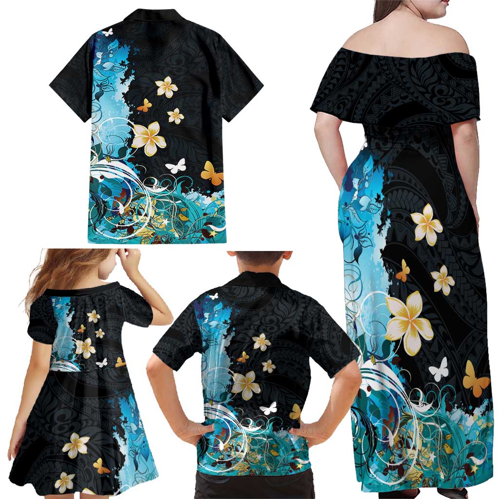 Blue Grunge Polynesian Pattern Family Matching Off Shoulder Maxi Dress and Hawaiian Shirt Plumeria Floral