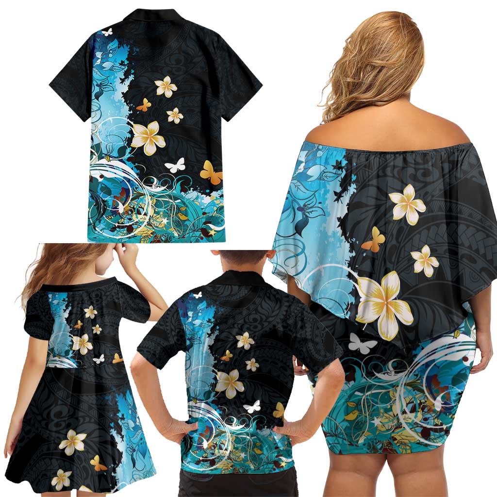 Blue Grunge Polynesian Pattern Family Matching Off Shoulder Short Dress and Hawaiian Shirt Plumeria Floral